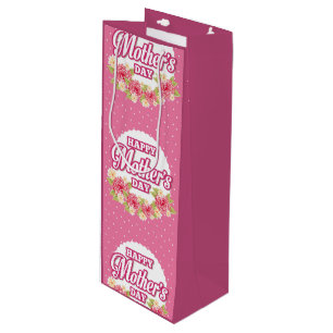Bloemen Roze en White Polka Dot Happy Mothers Day Wijn Cadeautas