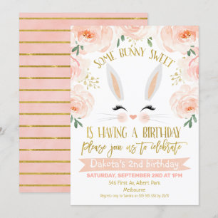 Bloemen Roze Goud Bunny Gezicht Verjaardag Uitnodi Kaart