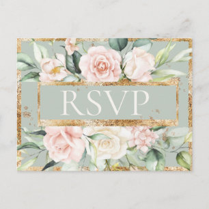 Bloemen Roze Goud Sage Groene Waterverf RSVP Briefkaart