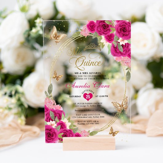 Bloemen roze goud tiara vlinder mis quinceañera acryl uitnodigingen