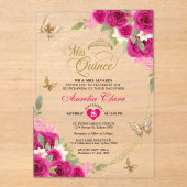 Bloemen roze goud tiara vlinder mis quinceañera acryl uitnodigingen (Voorkant)