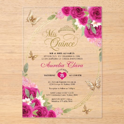 Bloemen roze goud tiara vlinder mis quinceañera acryl uitnodigingen (Voorkant)