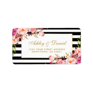 Bloemen Roze Goud Zwart Wit Strepen Bruiloft Etiket