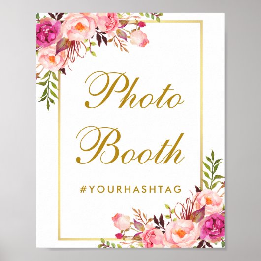 Bloemen Roze Gouden Bruiloft Photo Booth Poster (Voorkant)