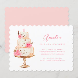 Bloemen Roze Gouden Taart Eerste Verjaardag Party Kaart