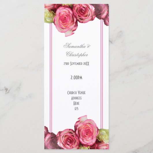 Bloemen roze grens roos kerk bruiloft programma (Voorkant)