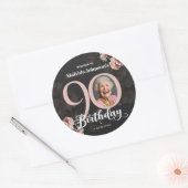 Bloemen Roze Grijs Custom Photo 90th Birthday Ronde Sticker (Envelop)