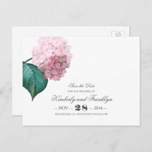 Bloemen Roze Hydrangea Save the Date Aankondigingskaart (Voorkant / Achterkant)