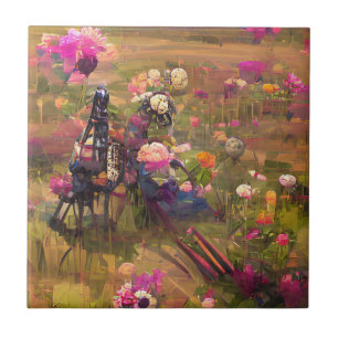 Bloemen roze in een groen veld digitale kunst tegeltje