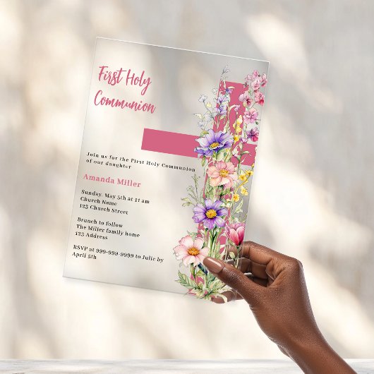 Bloemen roze kruis meisje duidelijk Eerste Communi Acryl Uitnodigingen