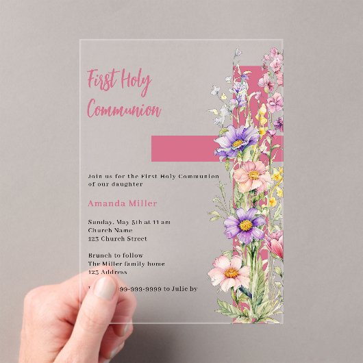 Bloemen roze kruis meisje duidelijk Eerste Communi Acryl Uitnodigingen (Insitu (Draagbaar))
