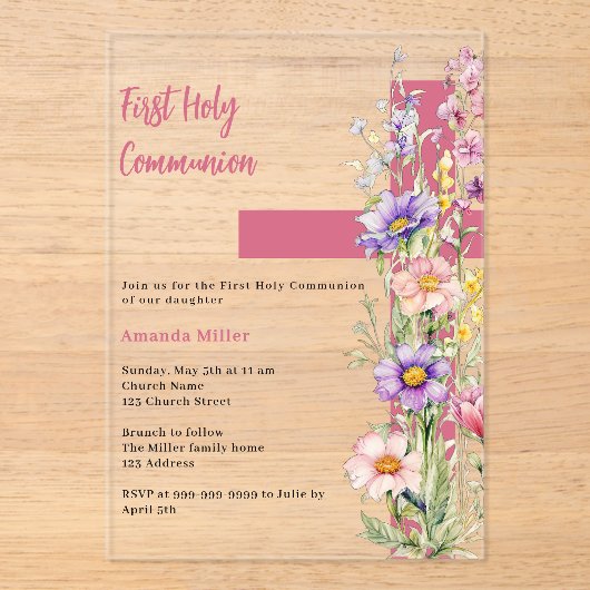 Bloemen roze kruis meisje duidelijk Eerste Communi Acryl Uitnodigingen (Voorkant)