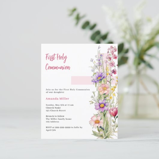 Bloemen roze kruis meisje Eerste Communie uitnodig (Staand voorkant)