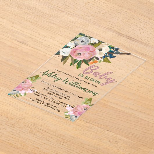 Bloemen Roze Meisje Baby in Bloom Hand Geschilderd Acryl Uitnodigingen (Laagn)