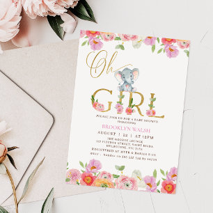 Bloemen Roze Meisjes Oh Baby Olifant Baby shower I Kaart