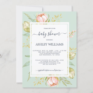Bloemen Roze Pioen Rustiek Boho Groen Baby shower Kaart