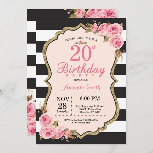 Bloemen Roze pioenen 20e verjaardag Uitnodiging (Voorkant / Achterkant)