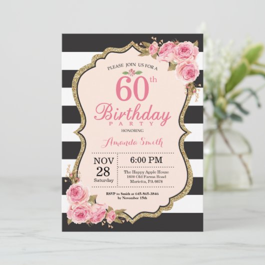 Bloemen Roze pioenen 60e verjaardag Uitnodiging (Staand voorkant)