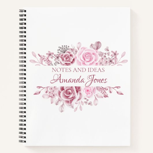 Bloemen Roze Rozen Custom Name Notitieboek (Voorkant)