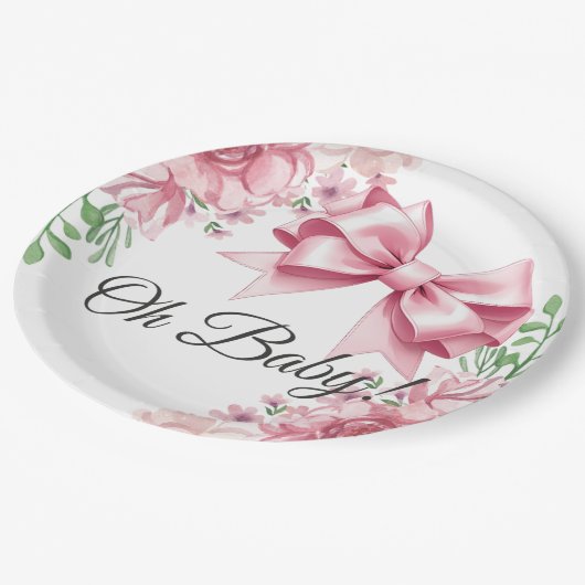 Bloemen Roze strik Baby shower Papieren Bordje (Gekanteld)