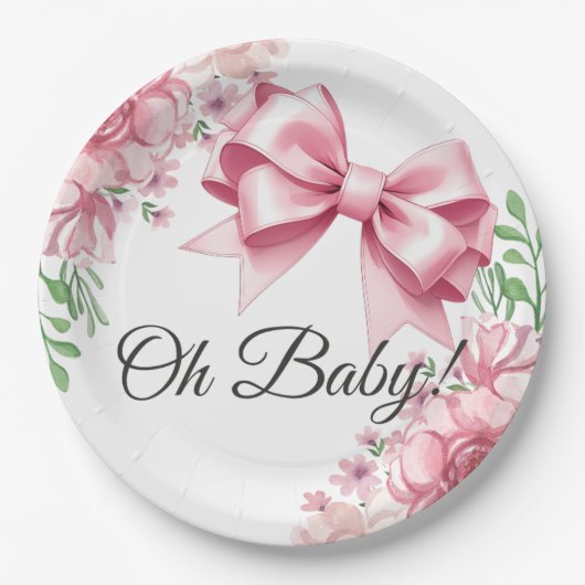 Bloemen Roze strik Baby shower Papieren Bordje (Voorkant)