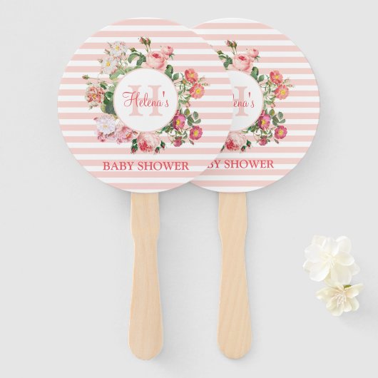  bloemen Roze stripes Monogram Baby shower Handwaaier (Voorkant en achterkant)