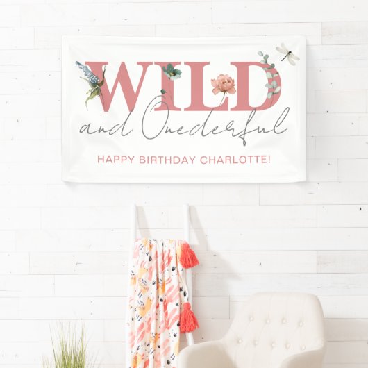 Bloemen Roze Wild & Onederful Meisje 1e Verjaardag Spandoek (Insitu)