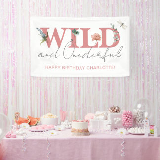 Bloemen Roze Wild & Onederful Meisje 1e Verjaardag Spandoek
