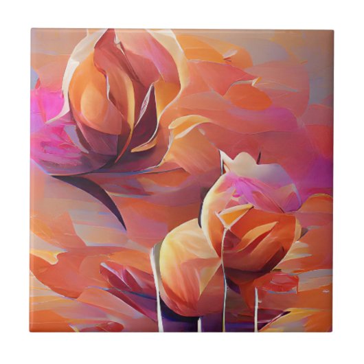 Bloemen rozen perziken en roze digitale kunst tegeltje (Voorkant)
