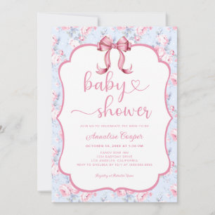 Bloemen Rozen Roze Bow Baby shower Invitation Kaart