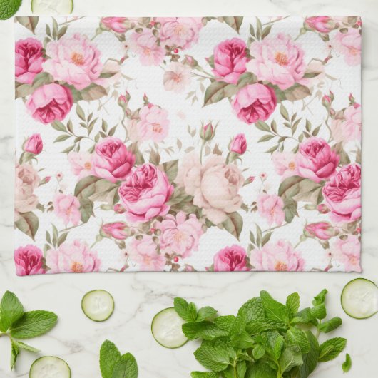 Bloemen, rozen, roze rozen theedoek (Gevouwen)