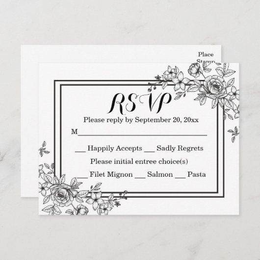 Bloemen RSVP Zwart & Wit Trouwfeest Uitnodiging Briefkaart (Voorkant / Achterkant)