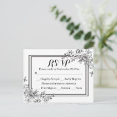 Bloemen RSVP Zwart & Wit Trouwfeest Uitnodiging Briefkaart (Staand voorkant)