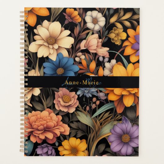 Bloemen rustiek elegant zwart planner (Voorkant)