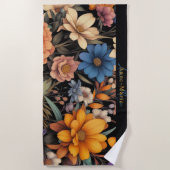 Bloemen rustiek elegant zwart strandlaken (Voorkant)