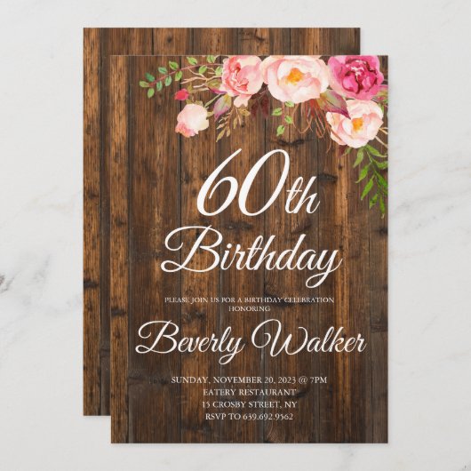 Bloemen rustiek hout 60e verjaardag kaart (Voorkant / Achterkant)