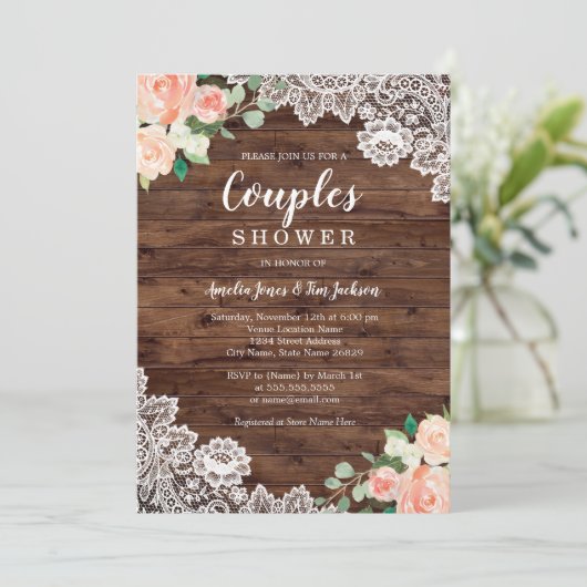 Bloemen Rustiek Hout Kant Koppels Trouwdouche Kaart (Staand voorkant)