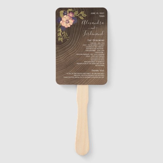 Bloemen Rustiek Hout Trouwprogramma Hand Fan Handwaaier (Voorkant)