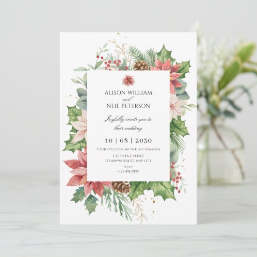 Bloemen Rustiek Rood en groen bruiloft Kaart (Staand voorkant)