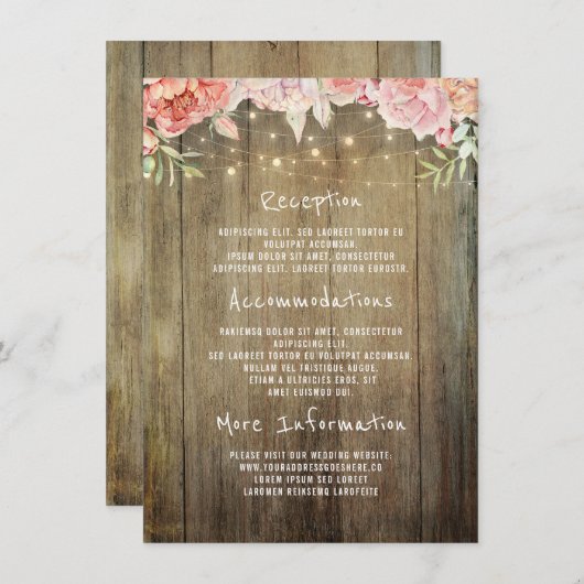 Bloemen rustieke lichten bruiloft informatie gast informatiekaartje (Voorkant / Achterkant)