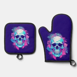 Bloemen schedel in vaporwave stijl ovenwant & pannenlap set