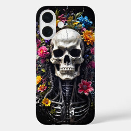 Bloemen schedel op zwarte kaft iPhone 16 hoesje