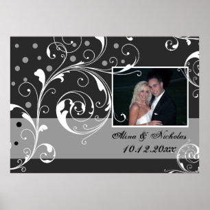 Bloemen scroll blad zwart, grijs bruiloft foto poster