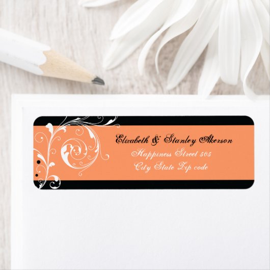 Bloemen scroll blad zwart koraal bruiloft etiket (Insitu)