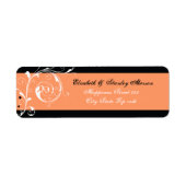Bloemen scroll blad zwart koraal bruiloft etiket (Voorkant)