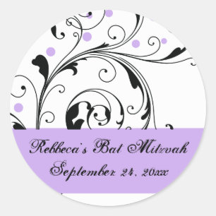 Bloemen scroll blad zwart, wit paarse Bat Mitzvah Ronde Sticker