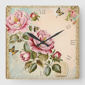 Bloemen Shabby chic Vierkante Klok