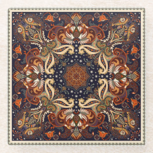 Bloemen sjaal vierkant ornament: Indiase batik. Glazen Onderzetter
