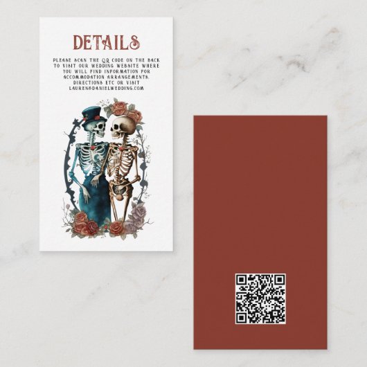 Bloemen Skelet Paar QR Bruiloft Details Enclosur Informatiekaartje (Voorkant / Achterkant)