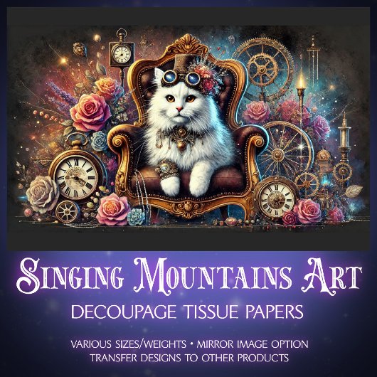 Bloemen Steampunk Witte Kat Decoupage Tissuepapier